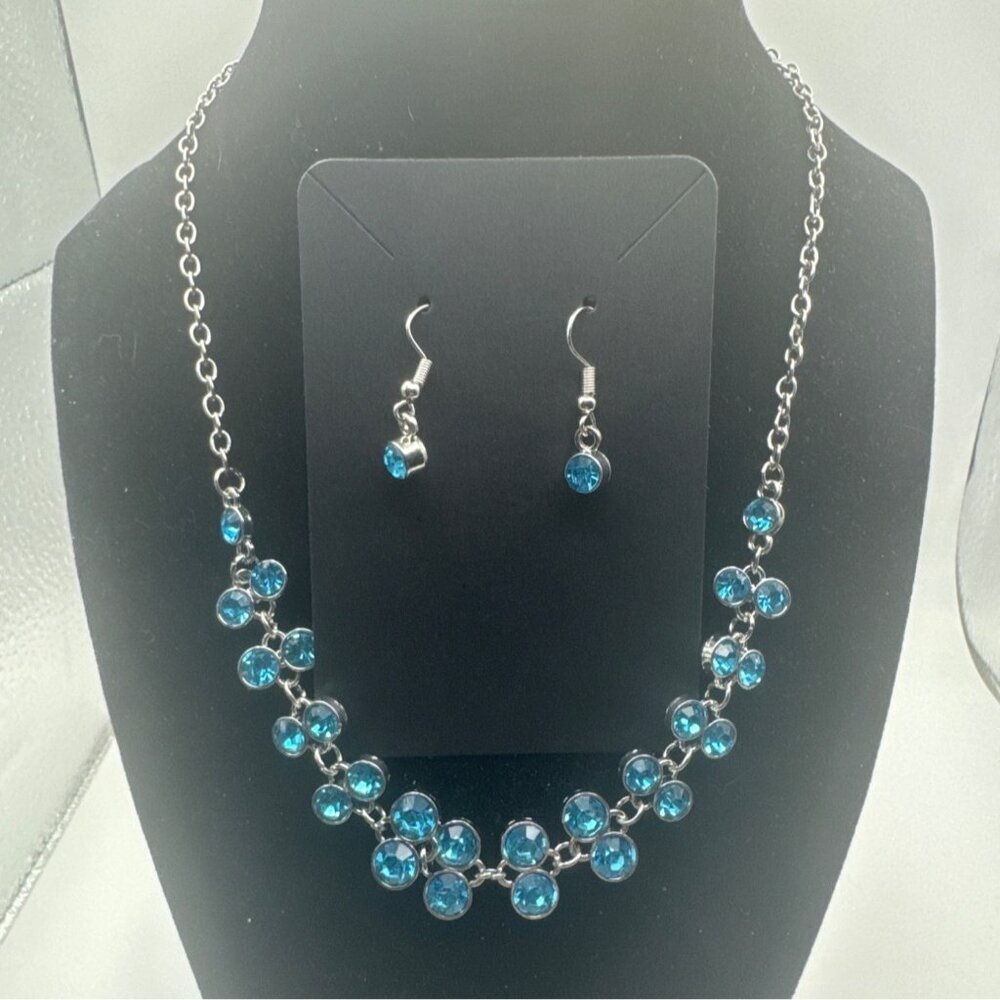 Blue Crystal Necklace and Earring Set for Women Silver Tone Chain